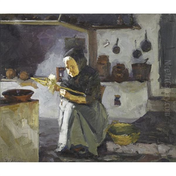 A Woman Spinning In Interior Oil Painting by Carl T. Linden