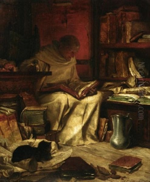 Die Lekture. Monch Mit Buch Und Glaschen Wein In Der Studierstube Oil Painting by Wilhelm von Lindenschmit the Younger