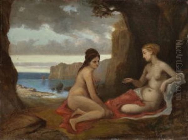 Zwei Badende In Der Grotte Am Meer Oil Painting by Wilhelm von Lindenschmit the Younger