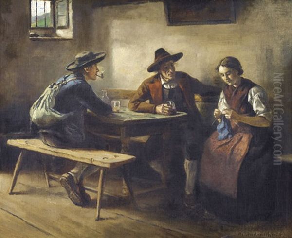 Stubeninterieur Mit Holzarbeitern Und Strickendem Madchen Oil Painting by Hermann Lindenschmit