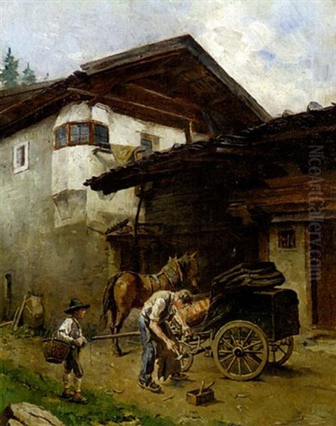 Kutsche Vor Gehoft Oil Painting by Hermann Lindenschmit