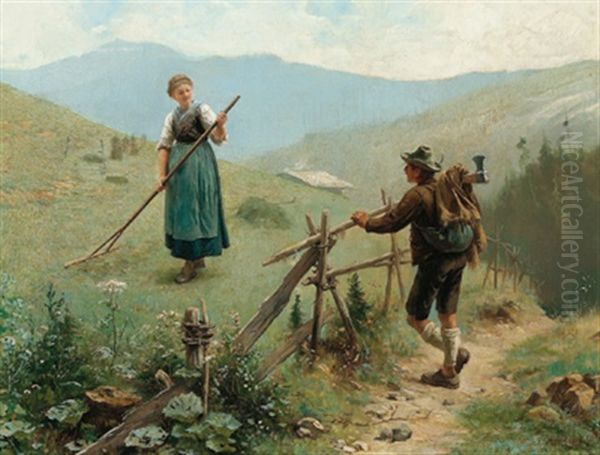 Begegnung Auf Der Alm Oil Painting by Hermann Lindenschmit