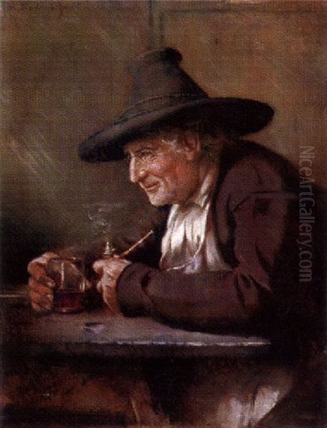 Alter Zechter Besinnlich Am Tisch Vor Einem Bierglas Sitzend by Hermann Lindenschmit