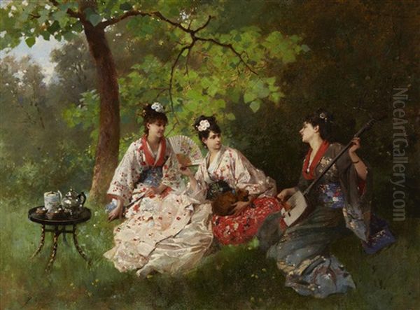 Tea Time In The Park Oil Painting by Philippe Jacques Linder