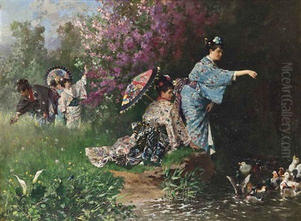 In A Japanese Garden Oil Painting by Philippe Jacques Linder