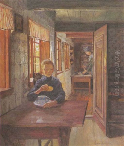 Knabe Am Fruhstuckstisch (hausinterieur Am Alten Strom In Rostock, Warnemunde) Oil Painting by Heinrich Linde-Walther