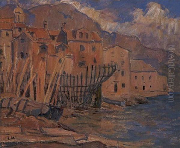 Hafenstadt Mit Werfthafen An Der Ligurischen Kusten Oil Painting by Heinrich Linde-Walther