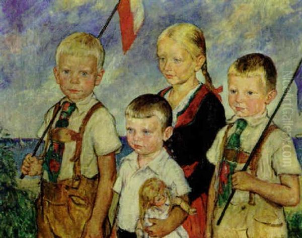 Madchen Mit Ihren Drei Brudern Oil Painting by Heinrich Linde-Walther