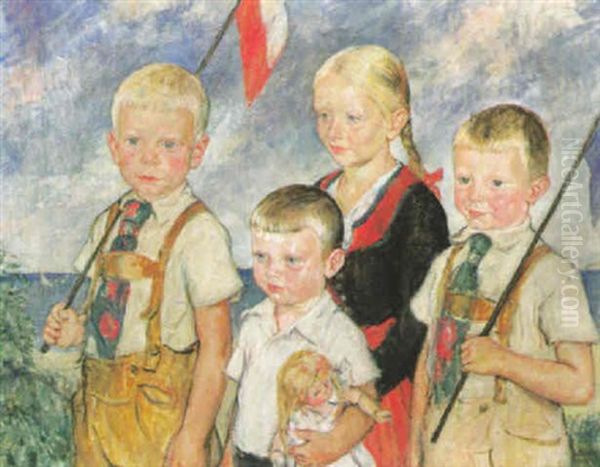 Kinder In Tracht Oil Painting by Heinrich Linde-Walther