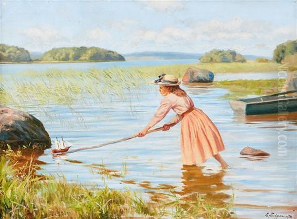 Sommarbild Med Lekande Flicka Vid Strandkanten Oil Painting by Emil (Harald Emanuel) Lindgren