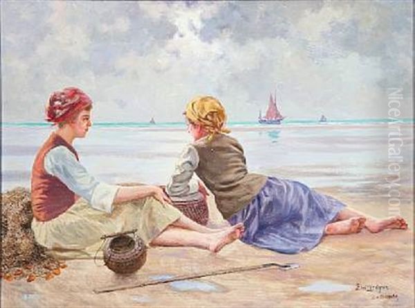 Fishing Girls On A Beach At The English Channel In France Oil Painting by Emil (Harald Emanuel) Lindgren