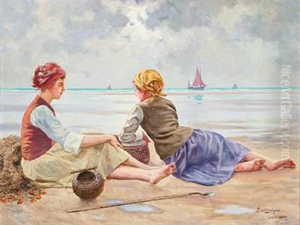 Fishing Girls On A Beach At The English Channel In France Oil Painting by Emil (Harald Emanuel) Lindgren