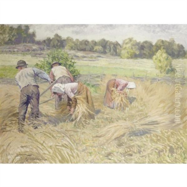 Harvesters In A Landscape Oil Painting by Emil (Harald Emanuel) Lindgren