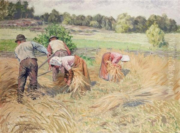 Harvesters In A Landscape Oil Painting by Emil (Harald Emanuel) Lindgren