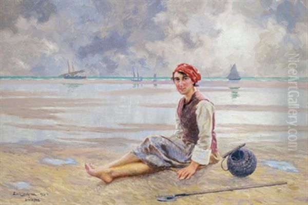 Fischermadchen Am Strand Oil Painting by Emil (Harald Emanuel) Lindgren