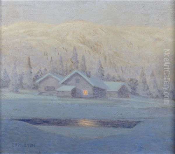 A Winter's Night Oil Painting by Bror Lindh