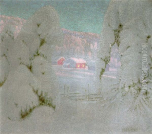 Stugor Under Snotyngda Granar Oil Painting by Bror Lindh