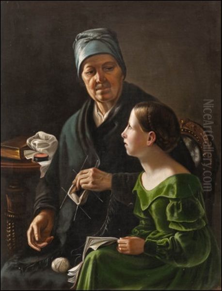 The Knitting Lesson Oil Painting by Johan Erik Lindh