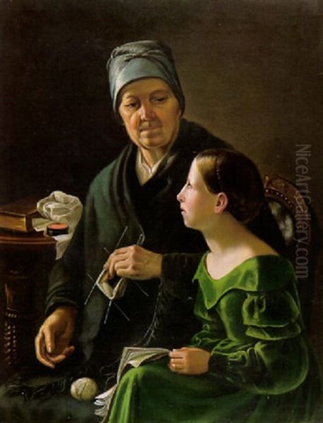 The Knitting Lesson Oil Painting by Johan Erik Lindh