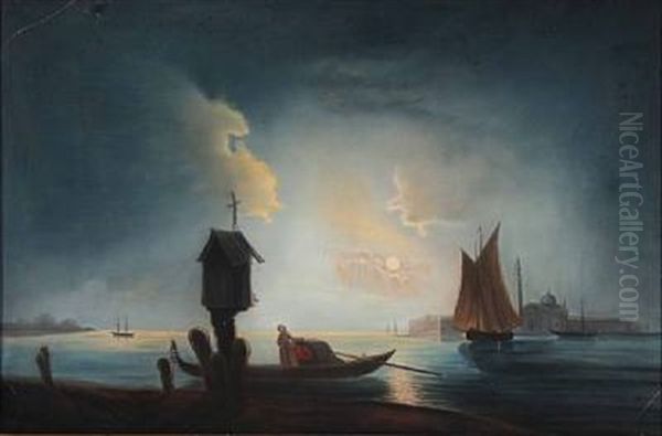 Italian Harbor Scene In The Moonlight Oil Painting by Per Lindhberg