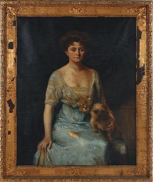 Portrait Of A Lady And Lap Dog (mrs. Hubert Baintou) Oil Painting by Ivan Lindhe