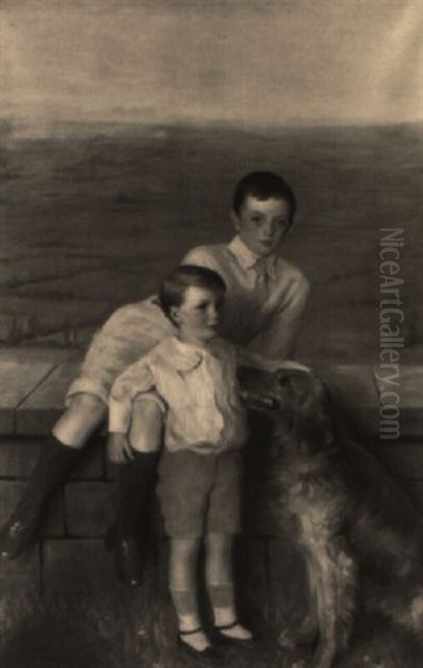 Portrait Of Two Brothers And Their Dog Oil Painting by Ivan Lindhe