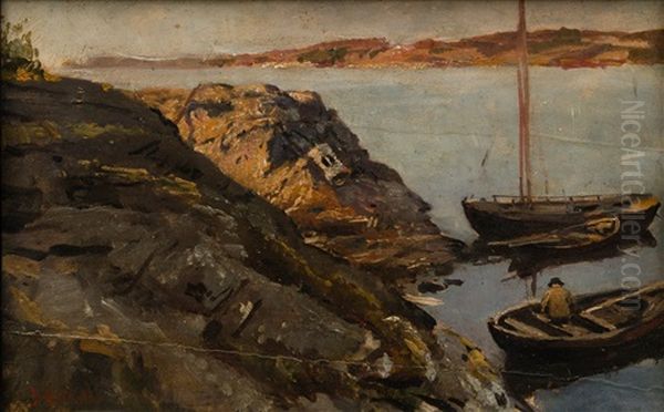 Small Boats At The Shore Oil Painting by Berndt Adolf Lindholm