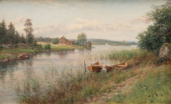 Boats In Summer Landscape Oil Painting by Berndt Adolf Lindholm