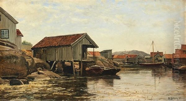 Fishing Village Oil Painting by Berndt Adolf Lindholm