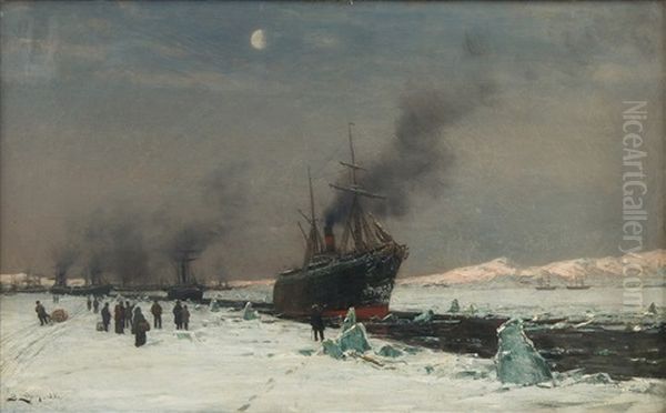 Breaking Ice By The Shore Oil Painting by Berndt Adolf Lindholm