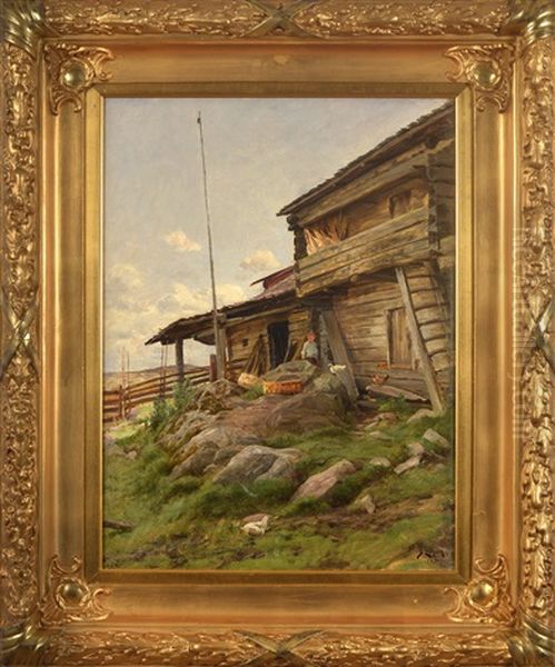 In Front Of The Henhouse Oil Painting by Berndt Adolf Lindholm