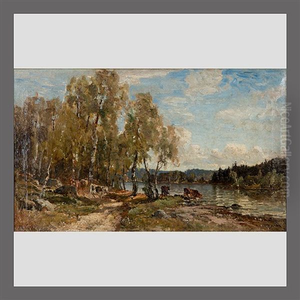 Cows By The Lake Oil Painting by Berndt Adolf Lindholm