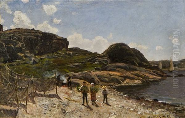 Children On A Shore Oil Painting by Berndt Adolf Lindholm