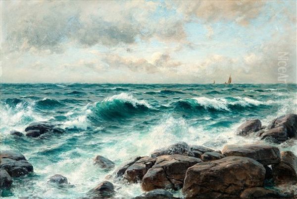 Breaking Waves On The Beach Oil Painting by Berndt Adolf Lindholm