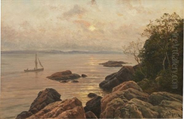 Skargardslandskap Med Bat Vid Solnedgang Oil Painting by Berndt Adolf Lindholm