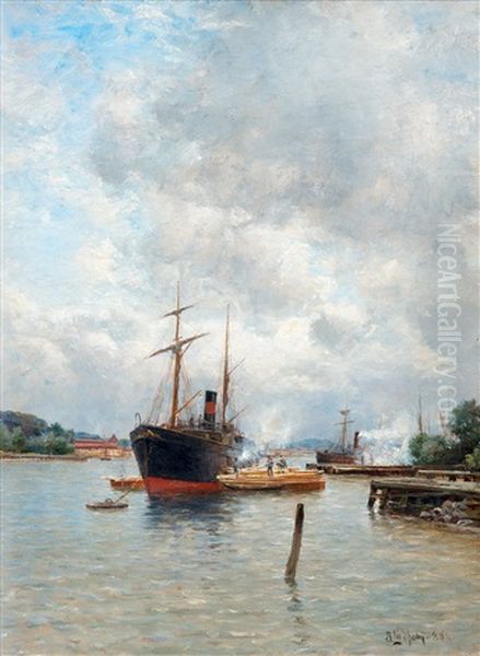 In The Harbor Oil Painting by Berndt Adolf Lindholm