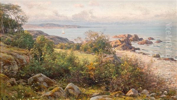 Sailboat By The Coast Oil Painting by Berndt Adolf Lindholm