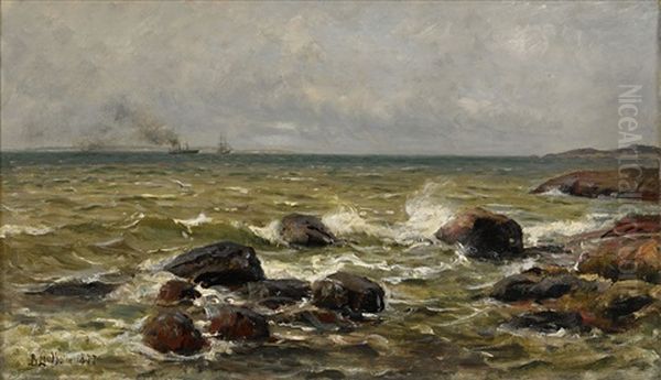 Kustvy Med Segelfartyg I Horisonten Oil Painting by Berndt Adolf Lindholm