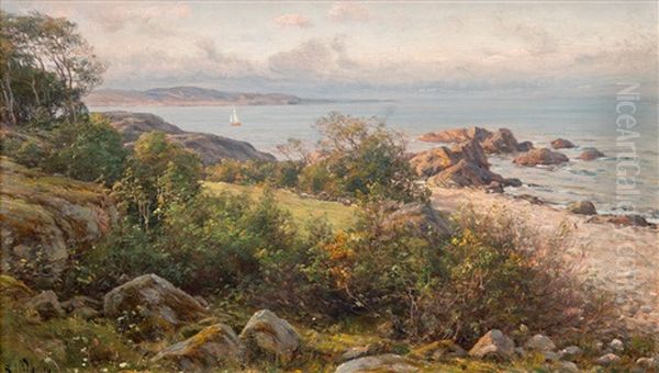 Sailboat By The Coast Oil Painting by Berndt Adolf Lindholm