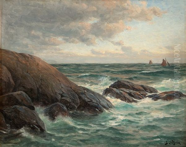 Waves Against The Shore Oil Painting by Berndt Adolf Lindholm