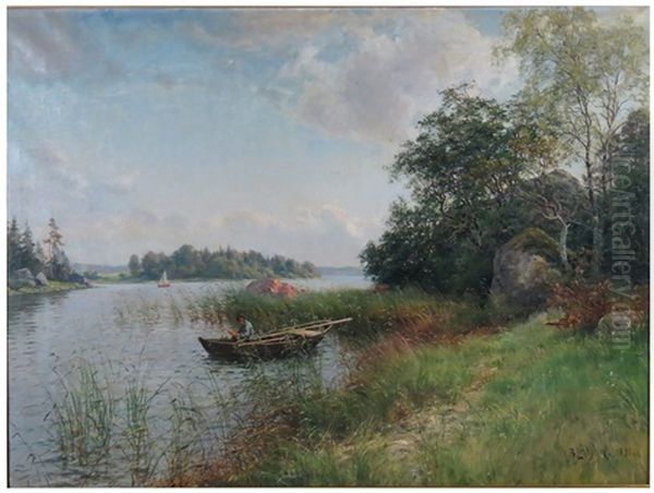 Landscape With Lake, Man In Rowboat Fishing Oil Painting by Berndt Adolf Lindholm