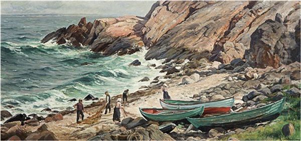 Drying The Fishing Nets Oil Painting by Berndt Adolf Lindholm