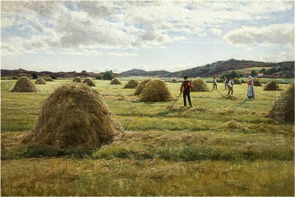 Harvesters Under The Silver Clouds Oil Painting by Berndt Adolf Lindholm