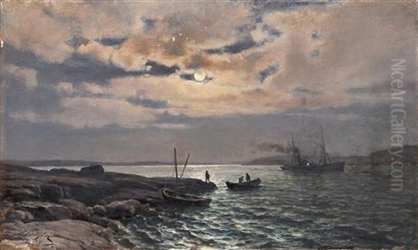 Fishermen In The Moonlight Oil Painting by Berndt Adolf Lindholm