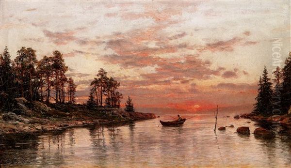 Solnedgang I Alands Skargard Oil Painting by Berndt Adolf Lindholm