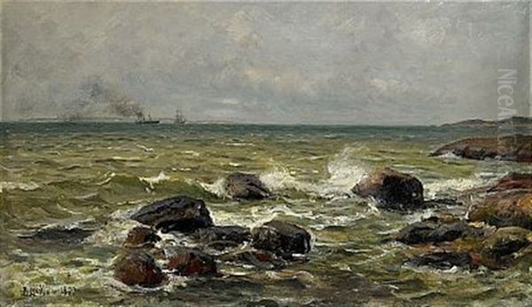 Kustvy Med Segelfartyg I Horisonten Oil Painting by Berndt Adolf Lindholm