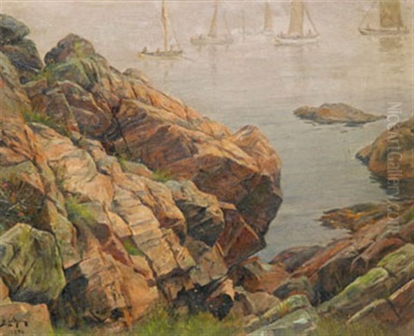 Regatta Vid Klippig Kust Oil Painting by Berndt Adolf Lindholm