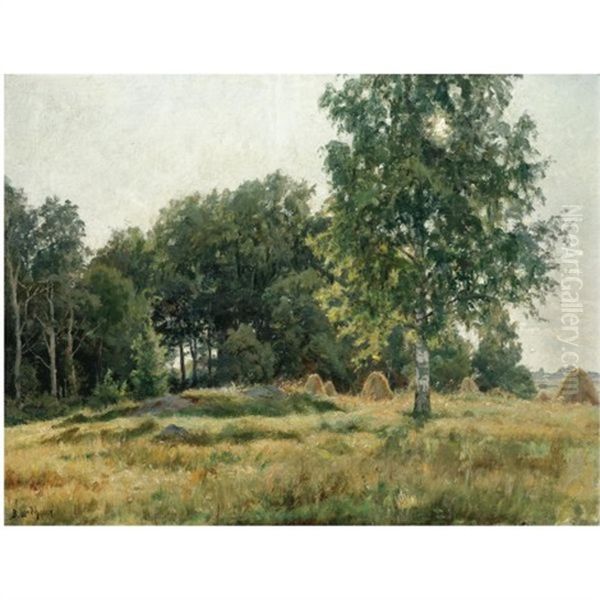 Heinasuovat Niitylla, Haystacks In A Field Oil Painting by Berndt Adolf Lindholm