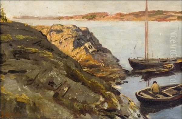 Veneita Ankkurissa - Batar Vid Strandklippor Oil Painting by Berndt Adolf Lindholm