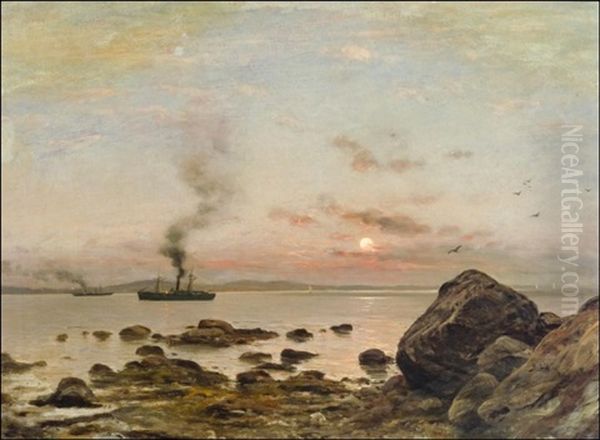 Hoyrylaivoja Iltahamarassa - Angbatar I Kvallsskymningen Oil Painting by Berndt Adolf Lindholm